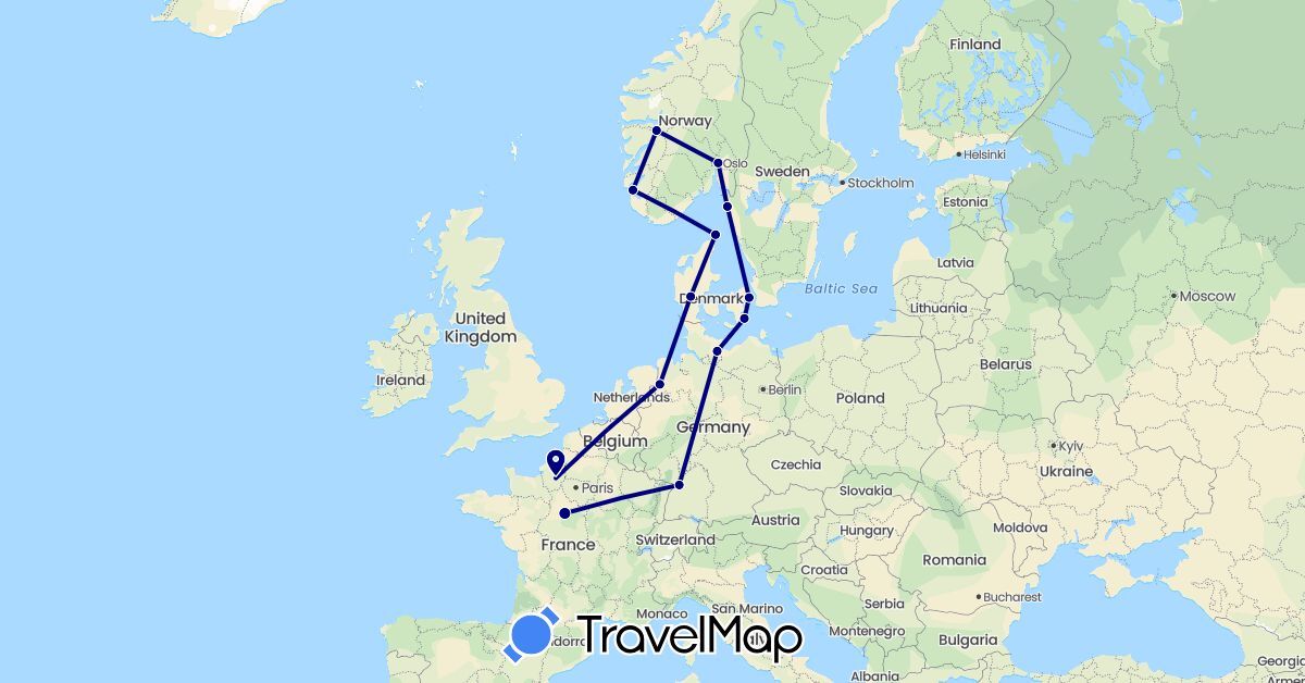 TravelMap itinerary: driving in Germany, Denmark, France, Norway, Sweden (Europe)